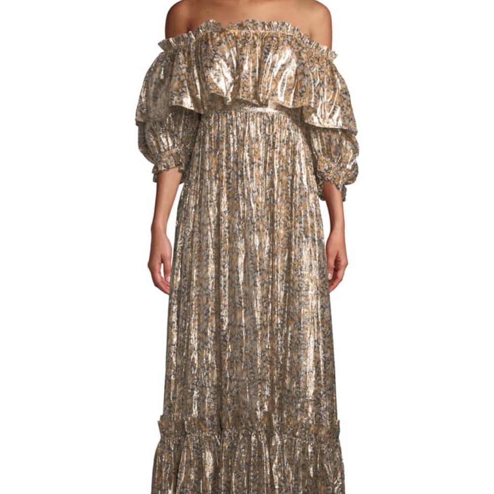 LoveShackFancy Gold Off-Shoulder Dress